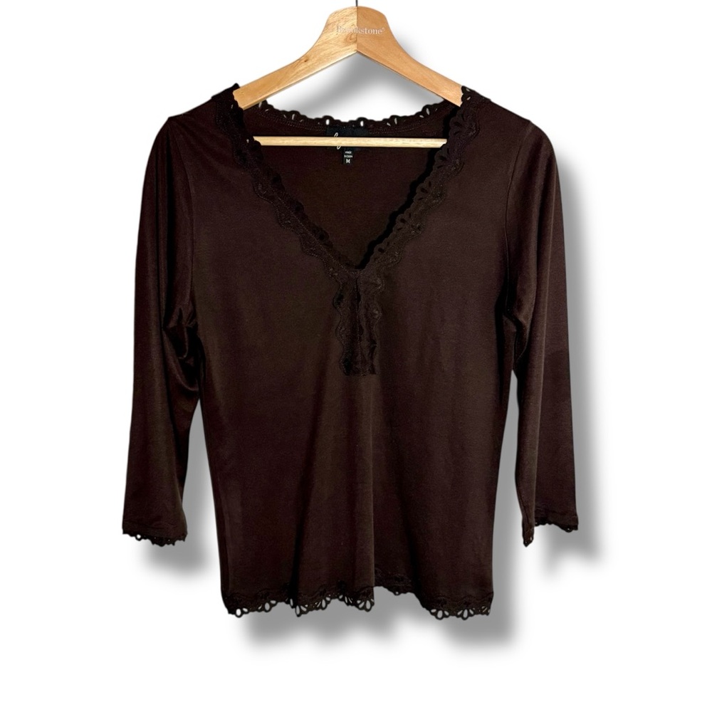 Vintage Y2K Lynn Ritchie Silk-Blend Black Lace Trim V-Neck Top